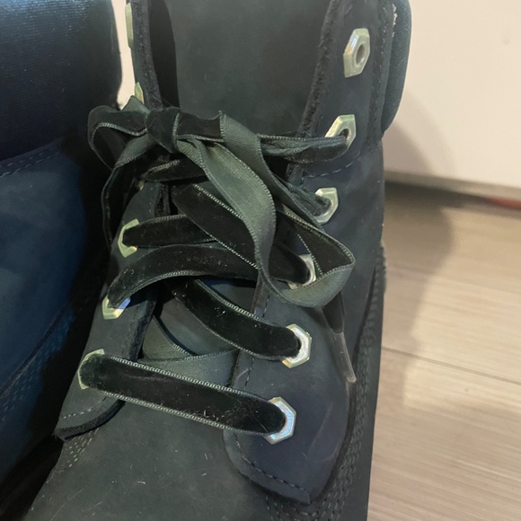 Green Suede Timberland Boots w/ Velvet Trim and Laces - Picture 4 of 6